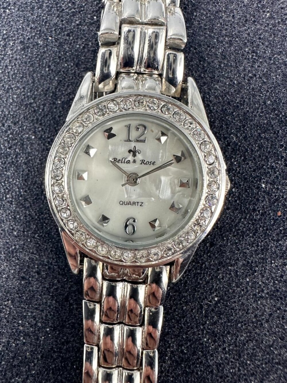 3/$30 Bell & Rose Watch Women Silver Tone Crystal Bezel White Dial 7.5"